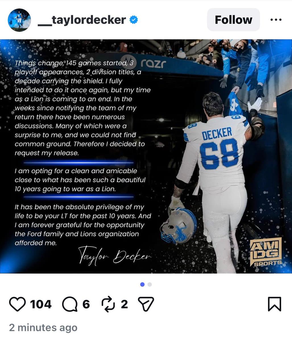Veteran Offensive Lineman Taylor Decker's NFL Career Takes Shocking Turn