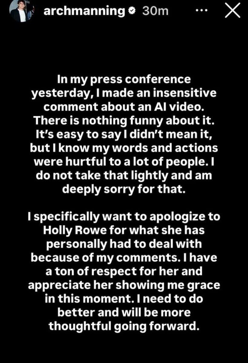 Arch Manning Issues Apology Statement After Incident Involving Holly
