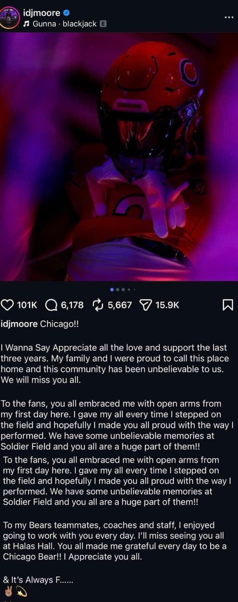 Former Bears Star DJ Moore Shares Stunning Post That Has Everyone Talking