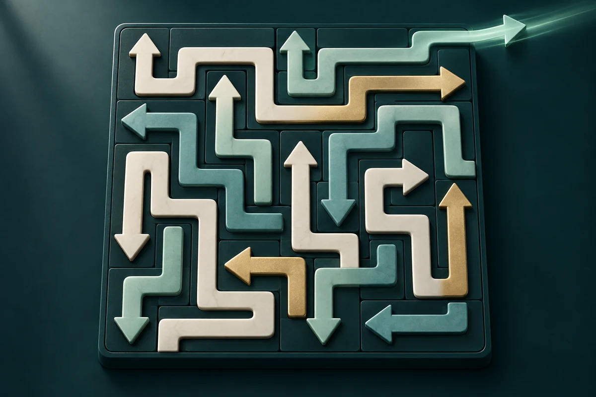 Ivory, mint and champagne arrow paths on a deep teal puzzle board